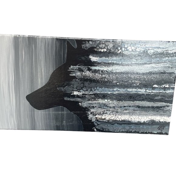 Abstract Wolf Silhouette Canvas Art Acrylic Pour Painting Grey Signed LAM - Picture 1 of 5